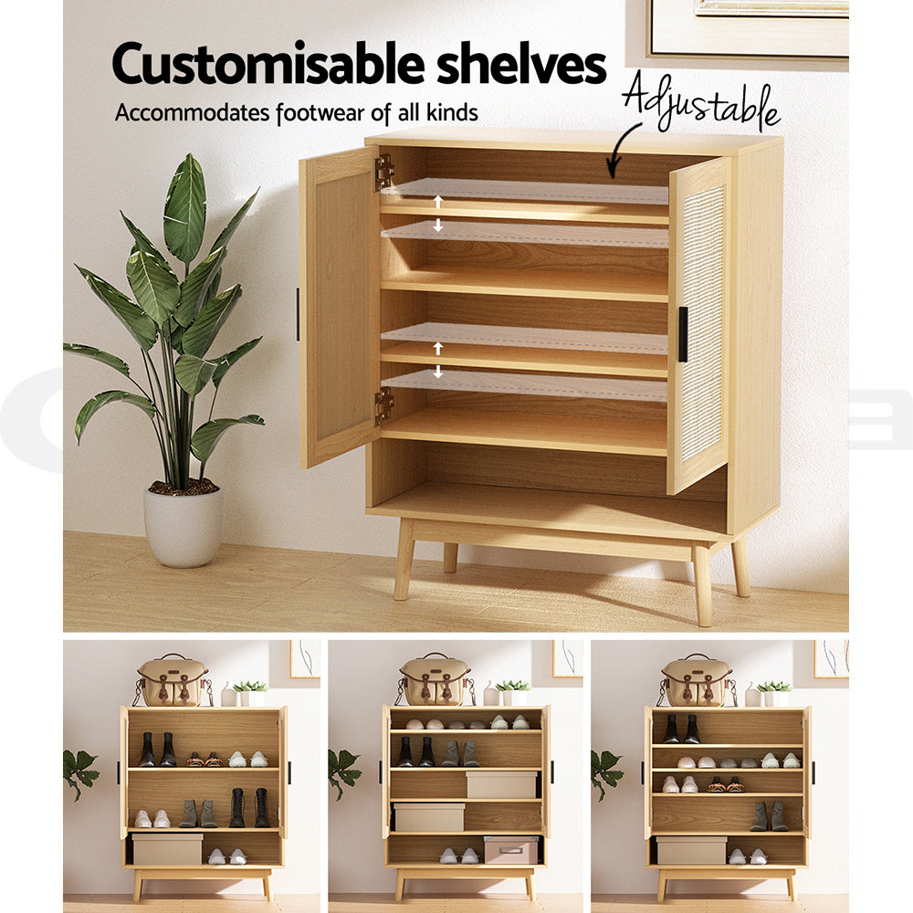 Rattan door shoe cabinet door open showing adjustable internal shelves, with three shelf configuration images