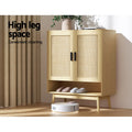 Rattan shoe cabinet with robot vacuum cleaning under open bottom shelf, high leg space convenience text