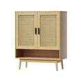 Rattan 2-door shoe cabinet three-quarter angle view on white background, four tapered wood legs