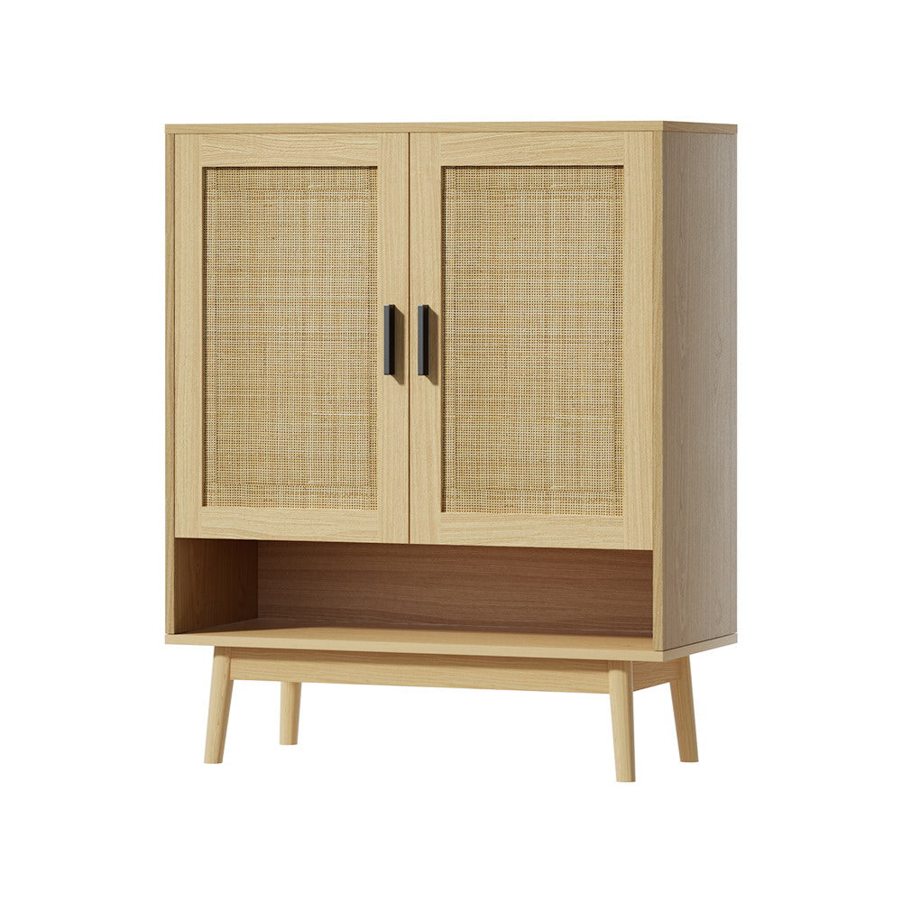 Rattan 2-door shoe cabinet three-quarter angle view on white background, four tapered wood legs