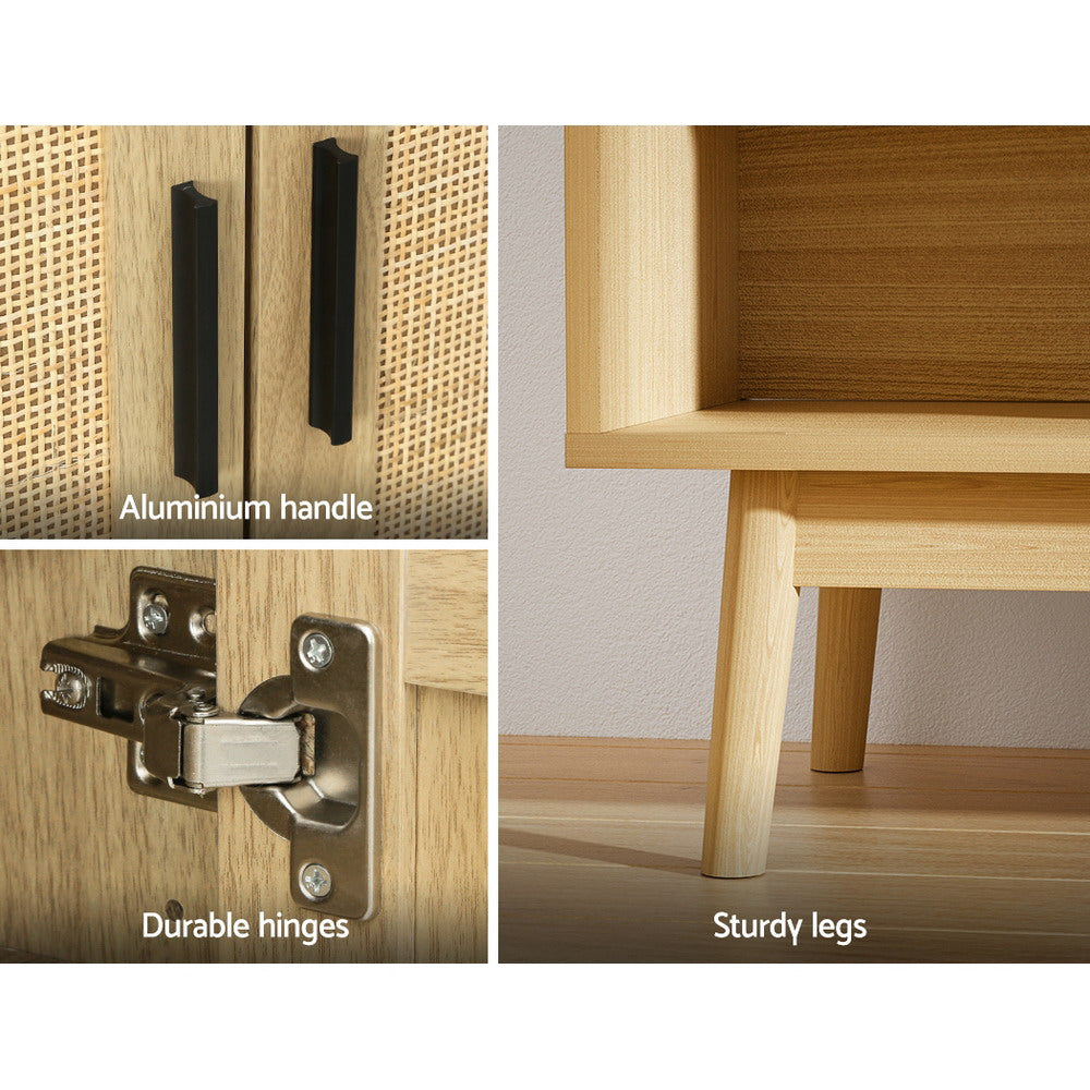 Close-up detail showing aluminium handle, durable hinges and sturdy angled wood legs on rattan cabinet