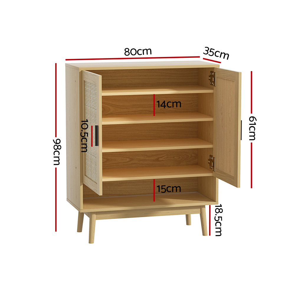 Dimensions diagram: rattan shoe cabinet 80cm wide, 35cm deep, 98cm tall, 18.5cm leg height shown