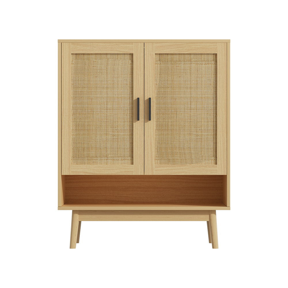 Rattan 2-door shoe cabinet front view on white background, open bottom shelf and tapered wood legs