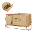 Dimension diagram of rattan sideboard: 130cm wide, 79.5cm tall, 40cm deep, drawer interior 10cm x 29cm x 37cm