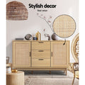 Rattan sideboard in boho living room with text 'Stylish decor, Real rattan' and close-up of woven cane panel