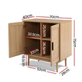 Rattan sideboard cabinet open showing two-tier interior, dimensions: 70cm wide, 52cm deep, 75cm tall, 18.5cm legs