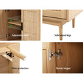 Rattan sideboard four-panel feature detail: adjustable shelf, solid wood legs, floor protectors, sturdy hinges
