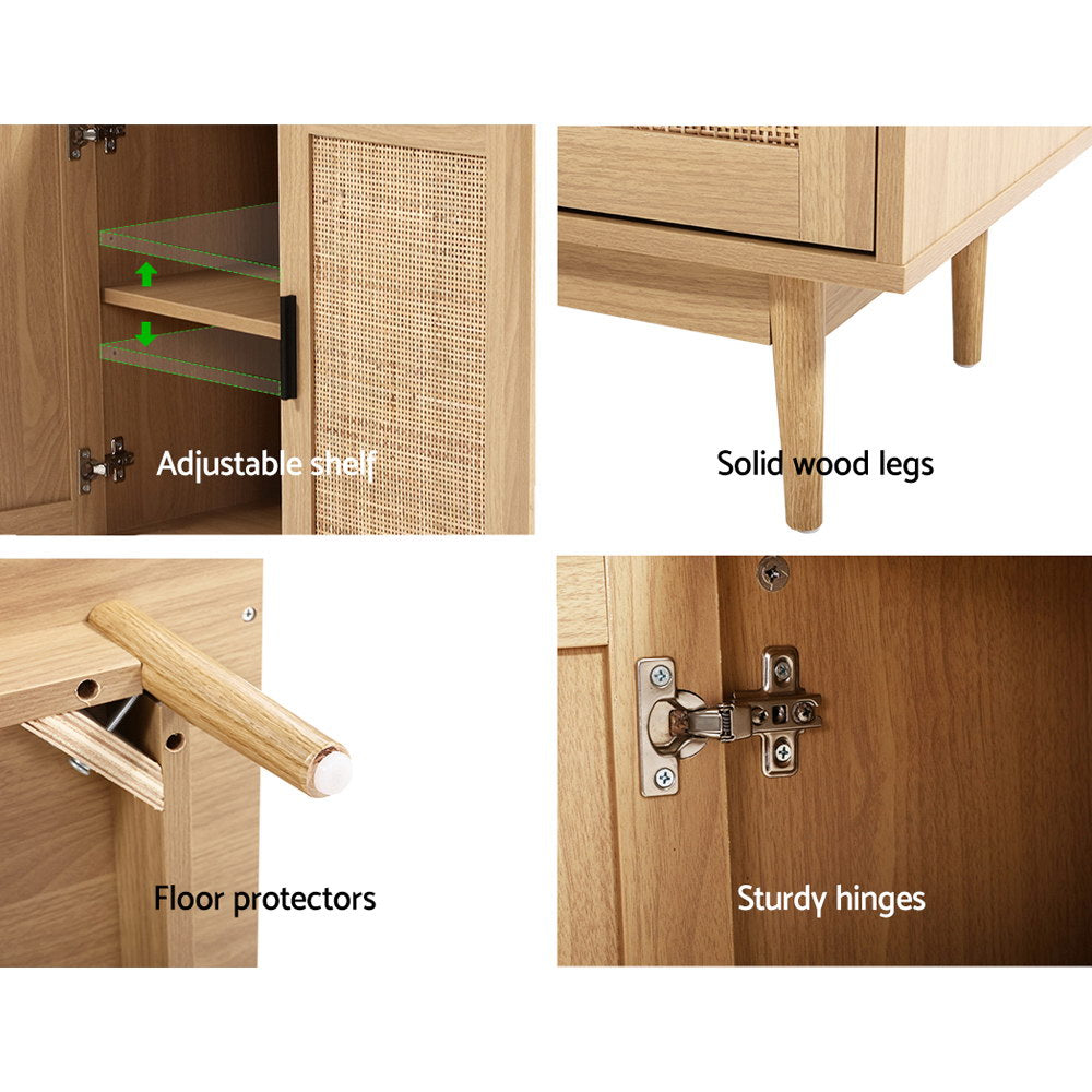 Rattan sideboard four-panel feature detail: adjustable shelf, solid wood legs, floor protectors, sturdy hinges