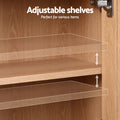 Rattan sideboard hutch interior showing adjustable oak shelves with arrows and silver hinges; text: adjustable shelves