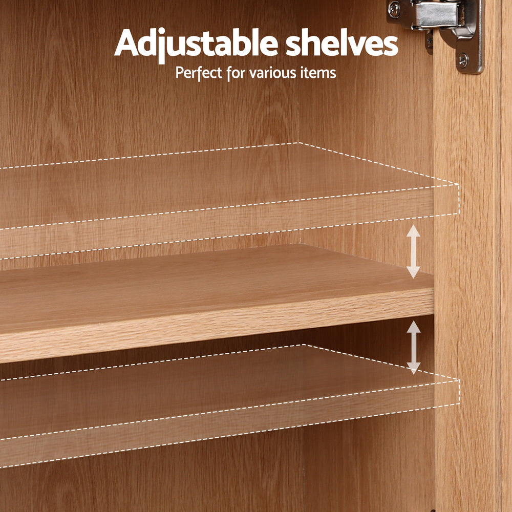 Rattan sideboard hutch interior showing adjustable oak shelves with arrows and silver hinges; text: adjustable shelves