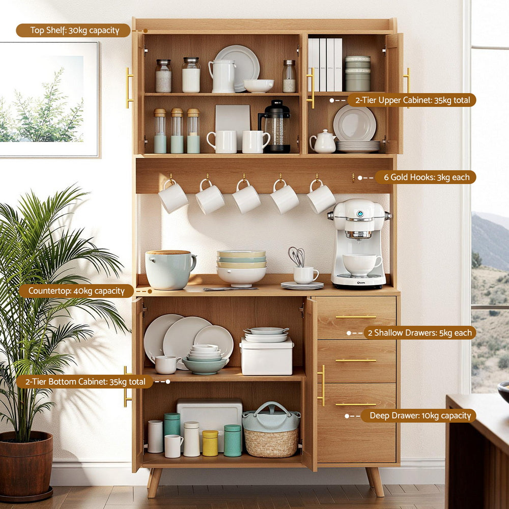 Rattan sideboard hutch open with capacity labels: top shelf 30kg, upper cabinet 35kg, 6 hooks 3kg, countertop 40kg