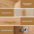 Rattan sideboard hutch detail features: raised round-corner top, rattan door texture, gold bar handle, soft-closing hinge