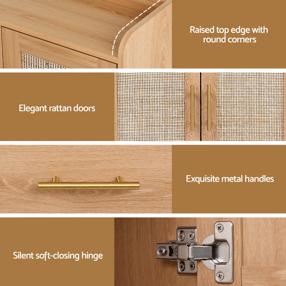 Rattan sideboard hutch detail features: raised round-corner top, rattan door texture, gold bar handle, soft-closing hinge