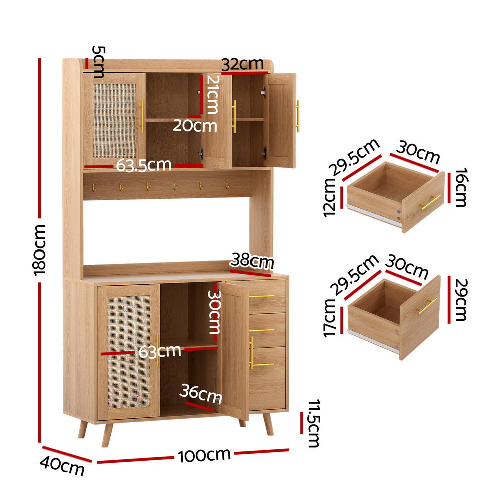 Rattan sideboard hutch dimensions: 180cm tall, 100cm wide, 40cm deep; upper cabinet 63.5cm, lower cabinet 63cm, legs 11.5cm