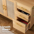 Rattan sideboard hutch lower section with three drawers open showing gold handles, items inside; text: smooth drawers
