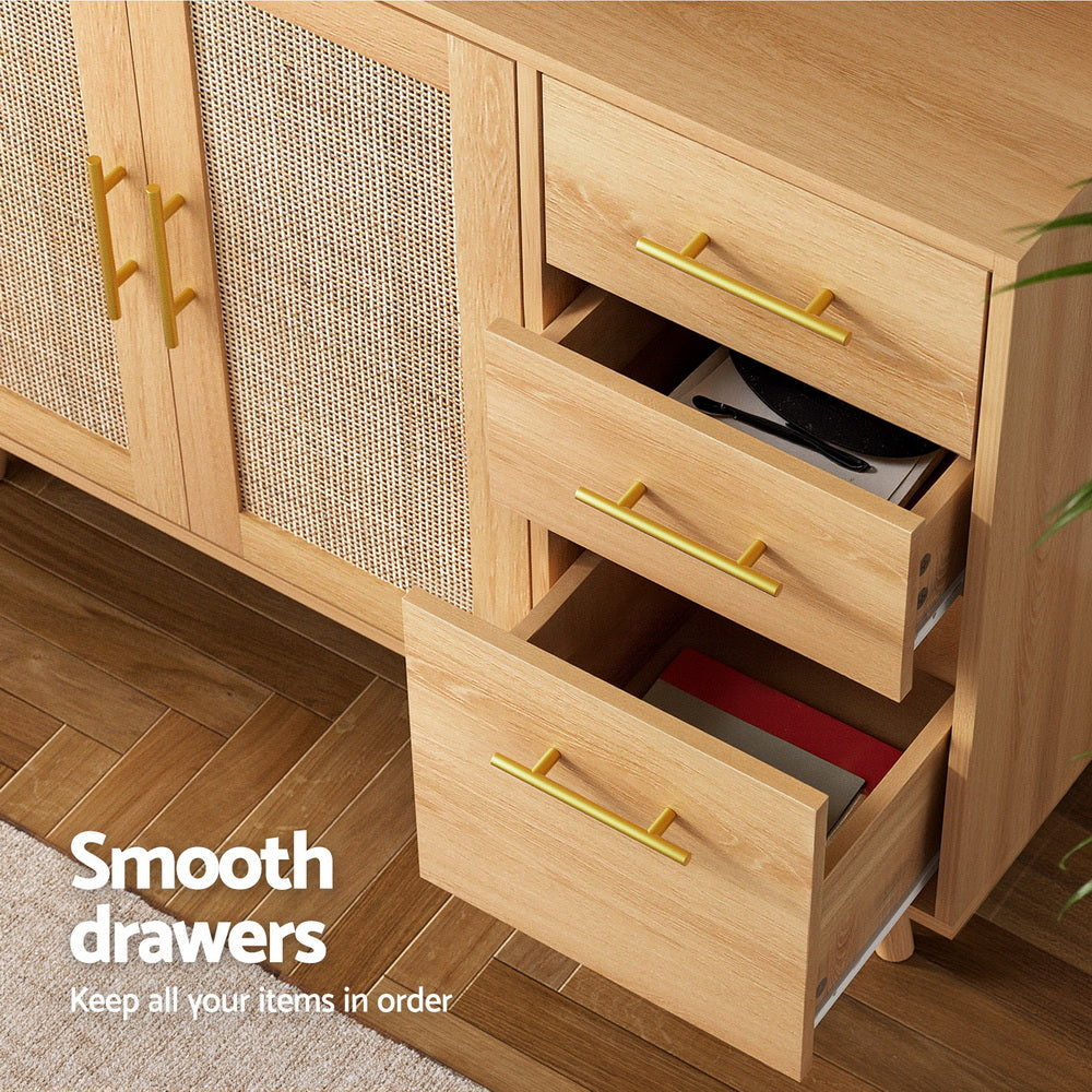 Rattan sideboard hutch lower section with three drawers open showing gold handles, items inside; text: smooth drawers