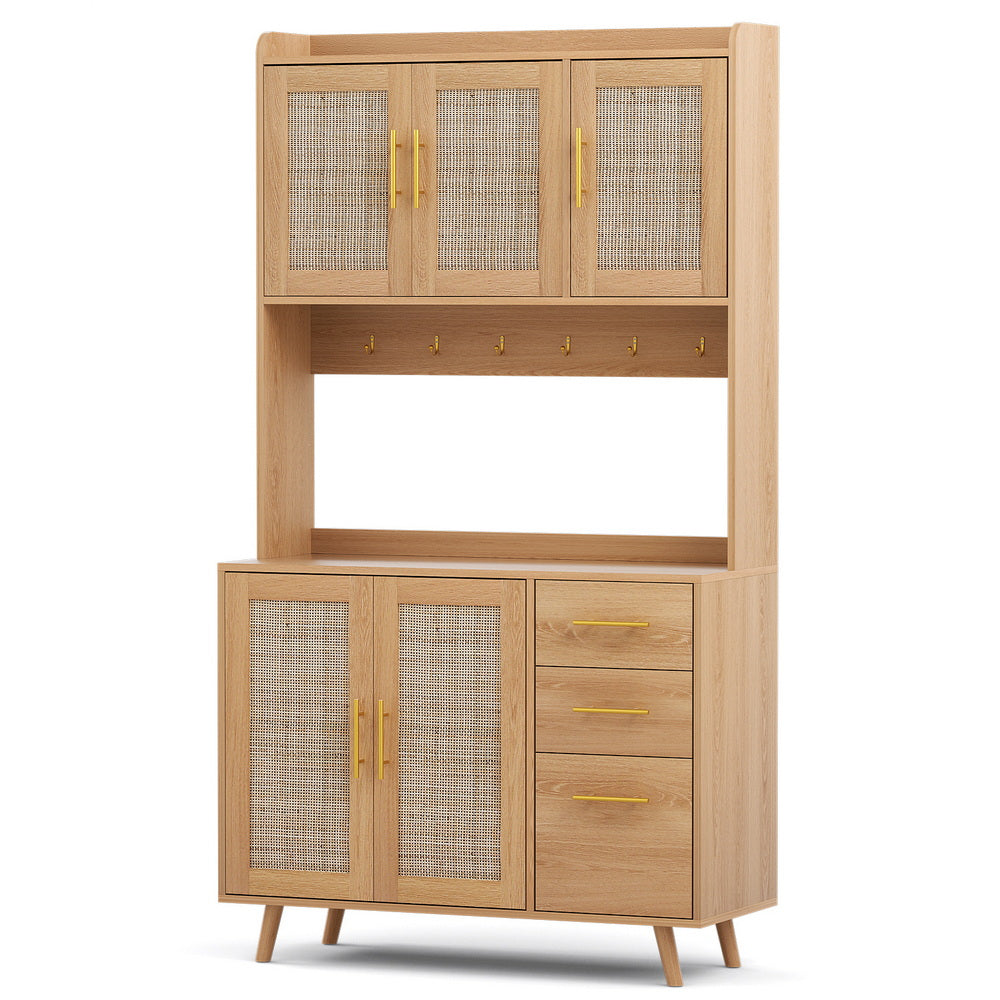 Oak rattan sideboard hutch with upper rattan doors, gold handles, hooks rail, lower doors and drawers, tapered oak legs