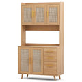 Oak rattan sideboard hutch with upper rattan doors, gold handles, hooks rail, lower doors and drawers, tapered oak legs