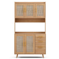 Oak rattan sideboard hutch front view, six rattan doors with gold handles, hooks rail, three drawers and tapered legs