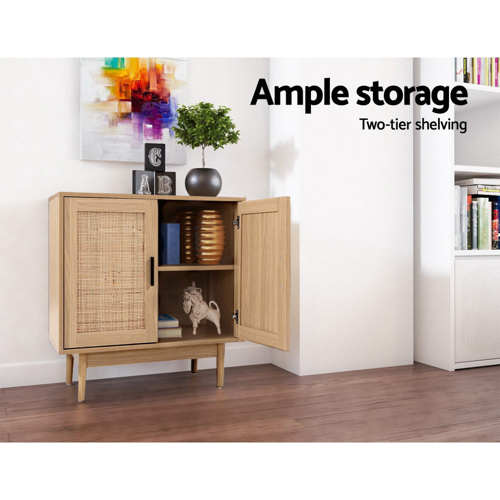 Rattan sideboard right door open showing two-tier shelving with books and vase; text: ample storage, two-tier shelving