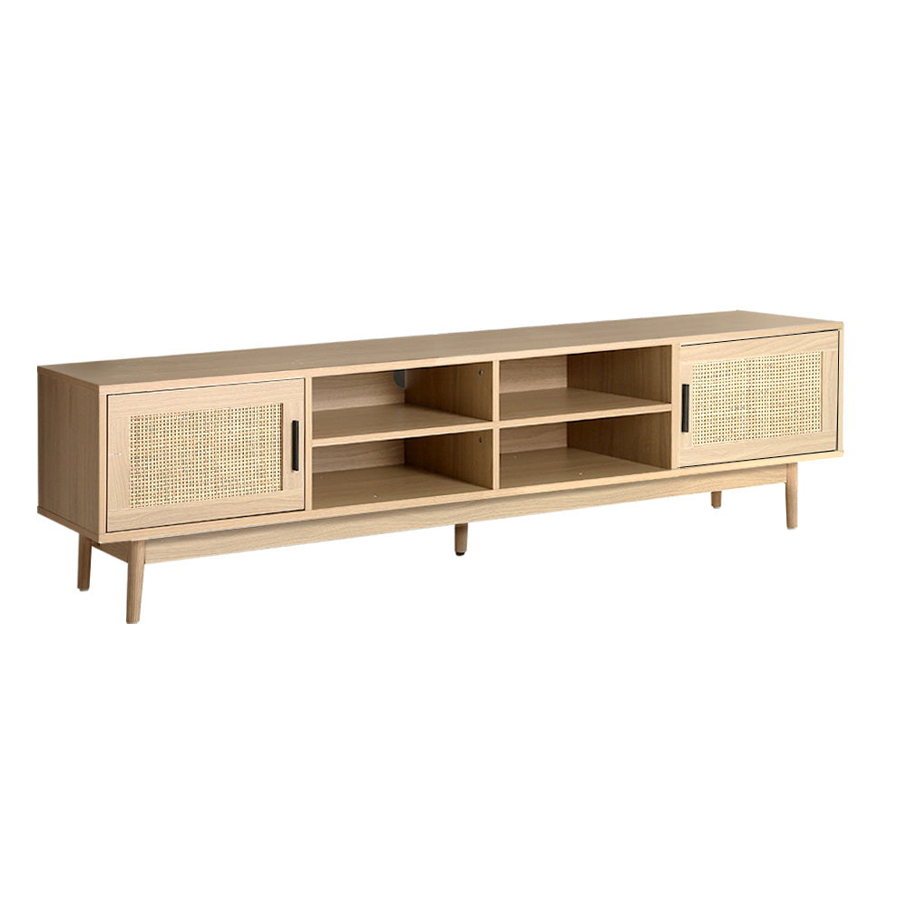 Rattan TV stand 180cm three-quarter view with two rattan panel sliding doors, four open shelves and angled wood legs