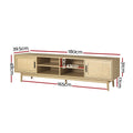 Rattan TV stand 180cm dimensions diagram showing 180x48x39.5cm with 43cm shelf width and 17cm leg height