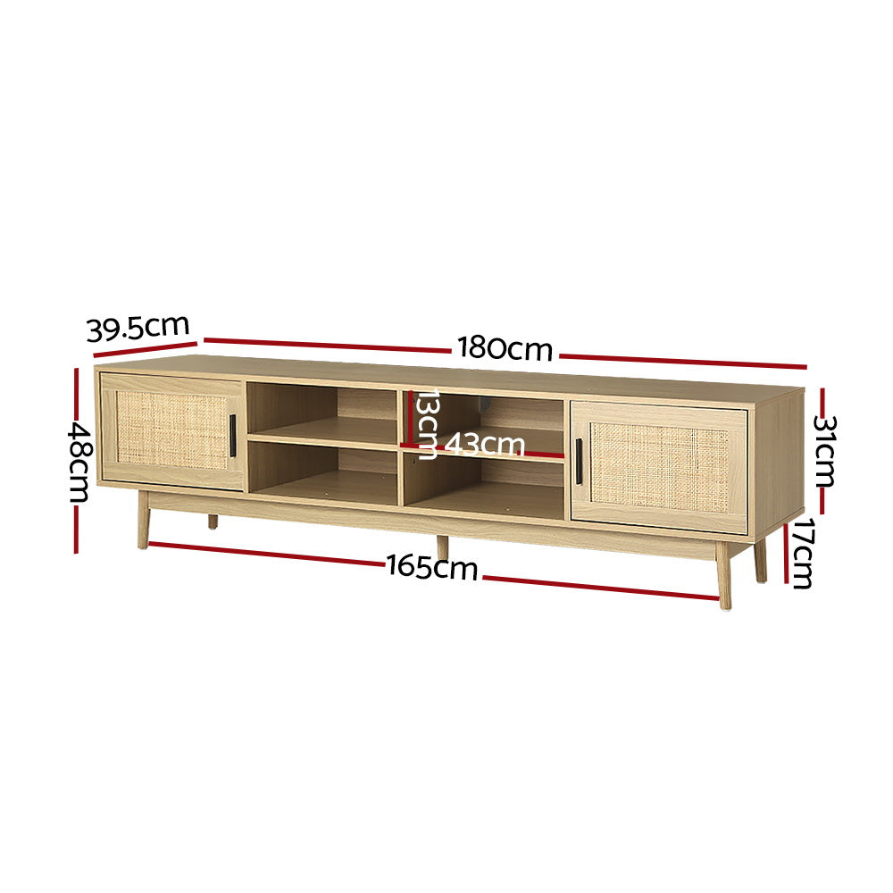 Rattan TV stand 180cm dimensions diagram showing 180x48x39.5cm with 43cm shelf width and 17cm leg height