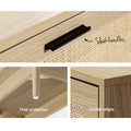 Rattan TV stand 180cm features: sleek black bar handles on rattan panel, rubber floor protectors and smooth edges