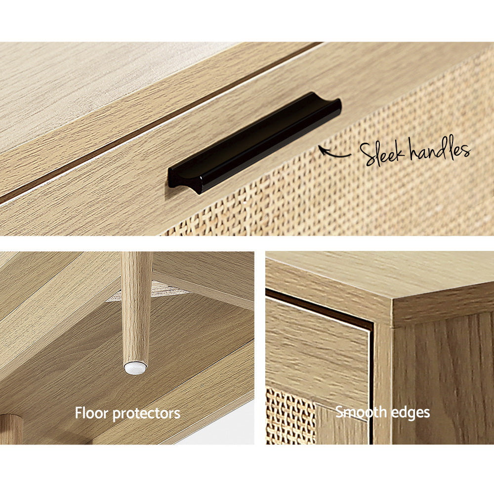 Rattan TV stand 180cm features: sleek black bar handles on rattan panel, rubber floor protectors and smooth edges