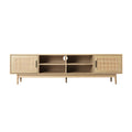 Rattan TV stand 180cm front view on white background showing two rattan panel doors and four central open shelves