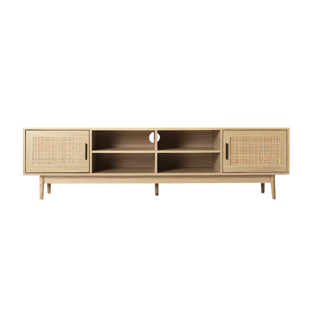 Rattan TV stand 180cm front view on white background showing two rattan panel doors and four central open shelves