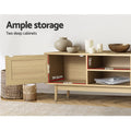 Rattan TV stand 180cm open cabinet showing ample storage with 28x39.5cm depth and 43cm shelf measurements