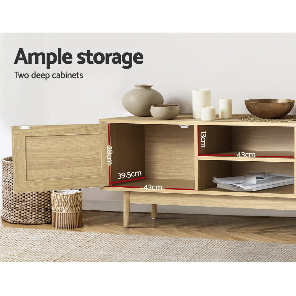 Rattan TV stand 180cm open cabinet showing ample storage with 28x39.5cm depth and 43cm shelf measurements