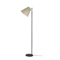 Floor lamp with natural rattan conical shade tilted left, slim black pole, gold brass pivot connector, round flat black base