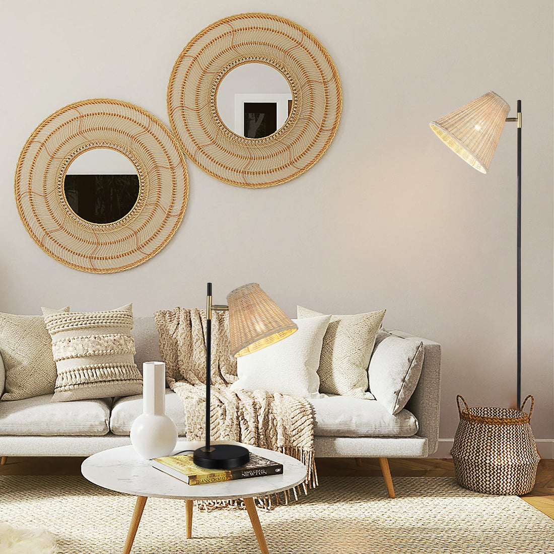 Floor lamp with natural rattan conical shade tilted left, slim black pole, gold brass pivot connector, round flat black base