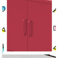 Close-up of red metal locker cabinet doors showing two matching bar handles with colourful geometric border graphics