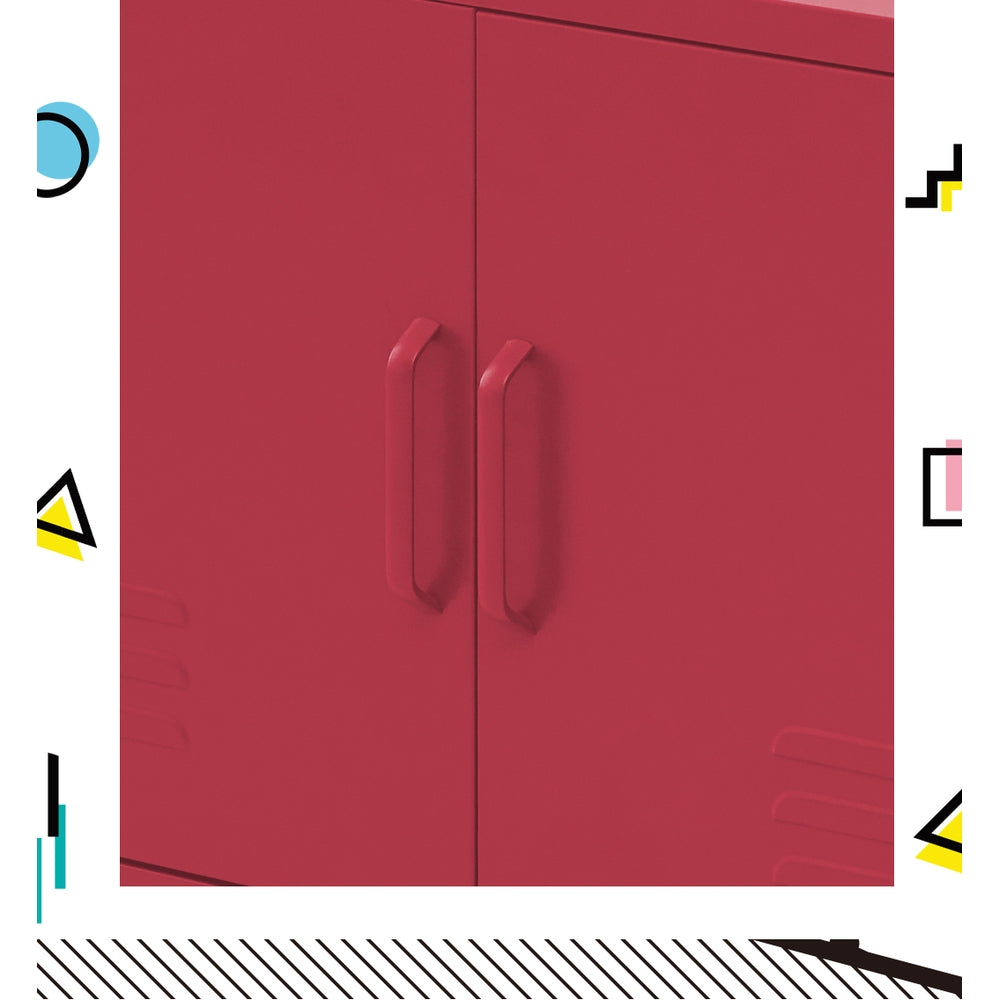 Close-up of red metal locker cabinet doors showing two matching bar handles with colourful geometric border graphics