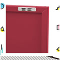 Close-up of red metal locker cabinet top corner showing door hinge clip mechanism with colourful geometric border graphics
