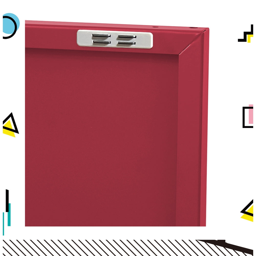 Close-up of red metal locker cabinet top corner showing door hinge clip mechanism with colourful geometric border graphics
