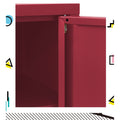 Close-up of red metal locker cabinet side corner showing spring door hinge mechanism between top panel and door