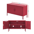 Red metal locker cabinet dimensions showing 100cm width, 40cm depth, 64cm height with interior shelving and cable holes