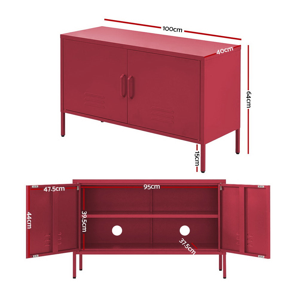 Red metal locker cabinet dimensions showing 100cm width, 40cm depth, 64cm height with interior shelving and cable holes