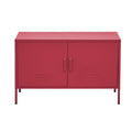 Red metal two-door locker cabinet with vent slots and matching handles on thin metal legs, front view on white background