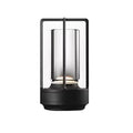 Black retro lantern LED table lamp with rectangular metal frame and cylindrical glass tube on white background