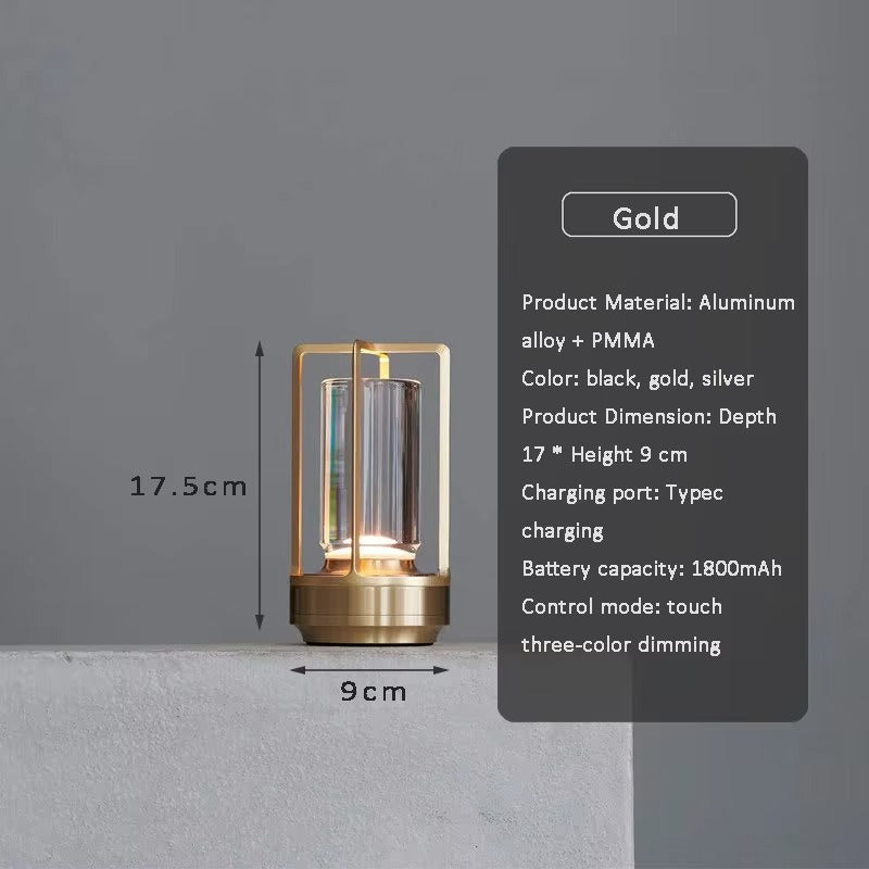 Gold retro lantern lamp dimensions 17.5cm height 9cm wide, specs panel shows 1800mAh battery Type-C charging touch dimming