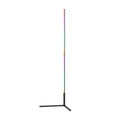 Slim RGB LED bar floor lamp on T-shaped black stand displaying rainbow gradient colours, white background
