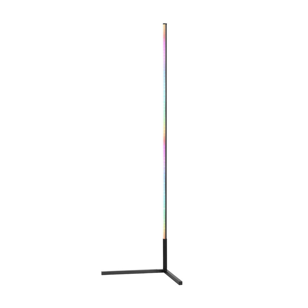 Slim RGB LED bar floor lamp on T-shaped black stand displaying rainbow gradient colours, white background
