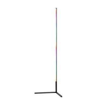 Slim RGB LED bar floor lamp on T-shaped black stand displaying rainbow gradient colours, white background