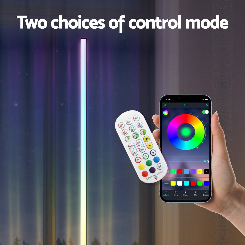 RGB bar floor lamp control modes: white 2.4G remote and smartphone app with colour wheel, text Two choices of control mode