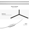 Three-panel detail showing silicone lampshade, Y-shaped stable base, and inline switch with app control label